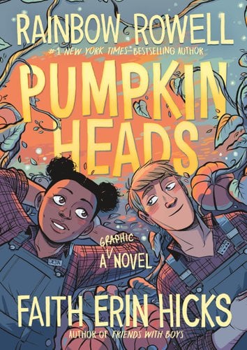 A boy and girl lie in a pumpkin patch, earring flannels and overalls. They stare at each other.