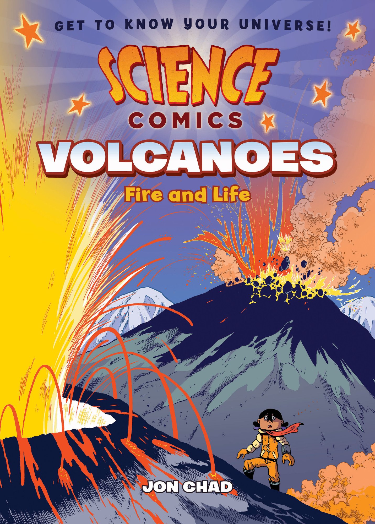 Science Comics: Volcanoes: Fire and Life by Jon Chad book cover depicting animated volcanoes with a young woman in cold wear climbing one of the mountains.
