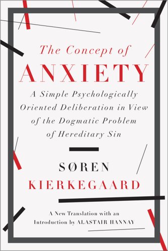 "Begrebet Angest" by Søren Kierkegaard book cover of red and black bolded lines taping a black rectangle border that surrounds the title. The title is bolded in red.