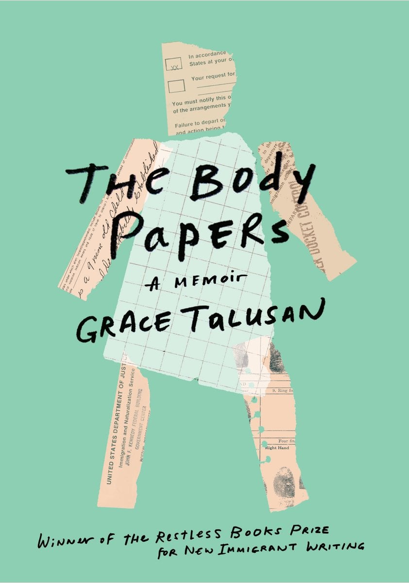 The Body Papers, a memoir by Grace Talusan, depicts the cutouts of different sources of paper, forming a woman.