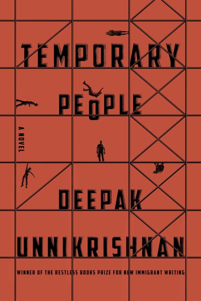 The cover of Temporary people depicts a grid of black lines against a solid orange background with black silouttes of people standing on the gridded lines