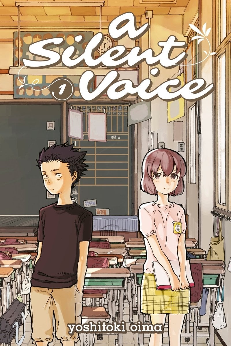 A Silent voice by Yoshitoki Oima, a shojo manga cover depicting a boy and girl standing in a classroom. The girl is holding a notebook.