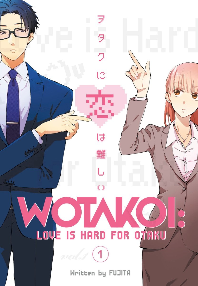 Wotakoi: Love is Hard for an Otaku by Fujita manga cover depicting a man in blue and a girl in pink pointing at each other.