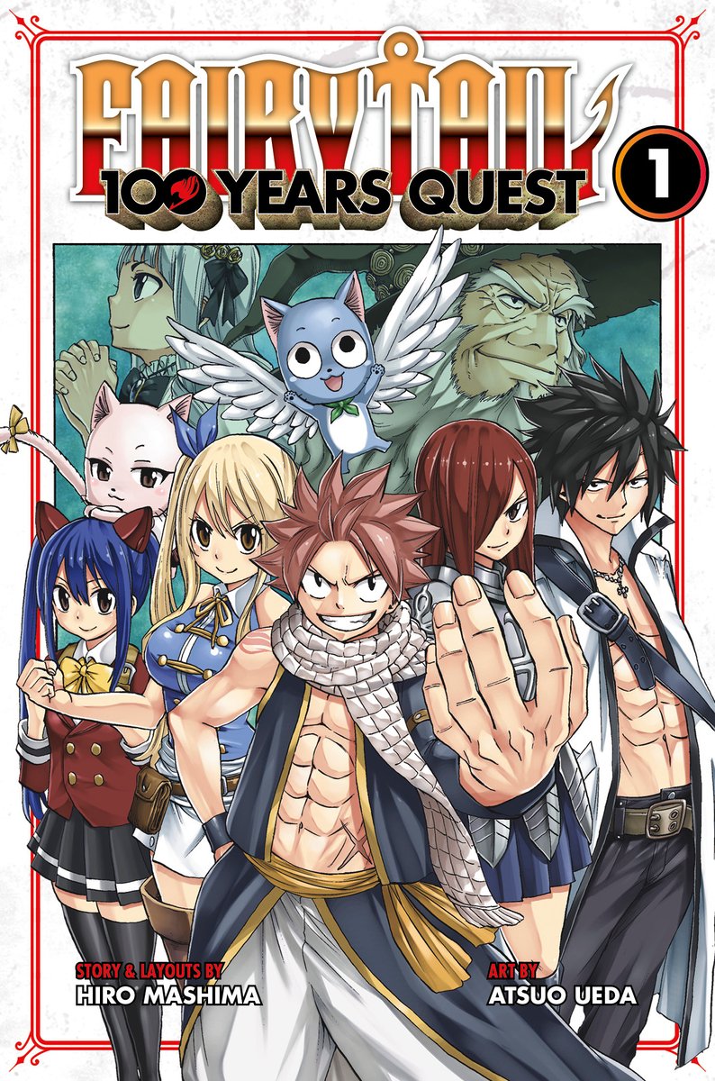 Fairy Tail 100 Year Quest, by Hiro Mashima and Atsuo Ueda, shonen cover, depicting the main group of the guild. From left to right: Wendy, Lucy, Natsu, Erza, Gray. Two cats are flying above them.