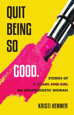 The background is solid yellow with the title in front and a magnified picture of a metallic lipstick case and smeared bright pink lipstick taking up most of the space.
