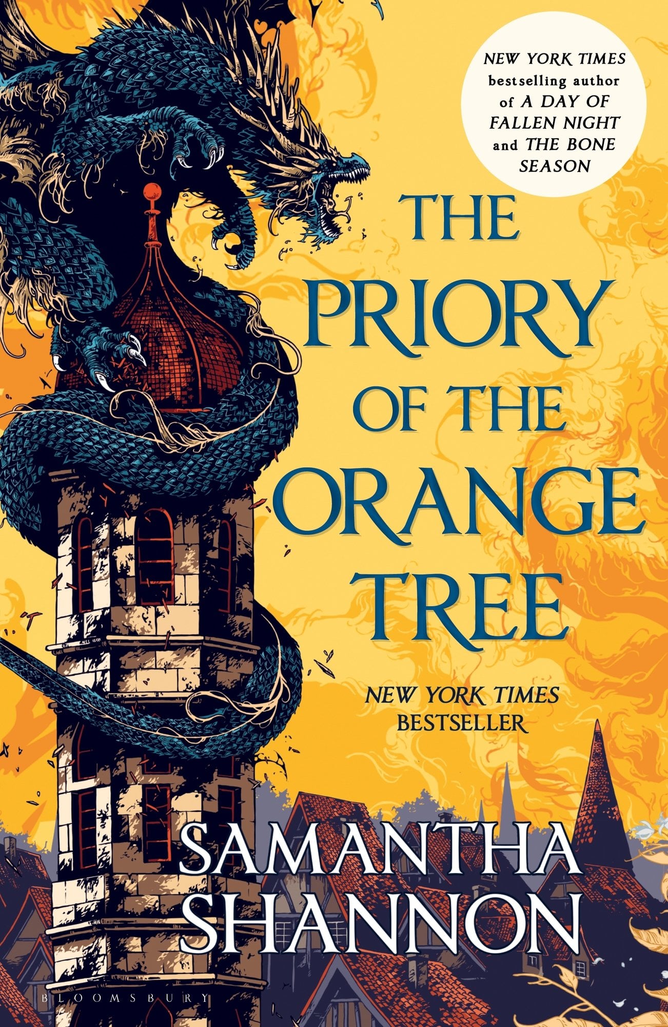 The Priory of the Orange Tree by Samantha Shannon, a fantasy book cover depicting a large blue dragon coiling its body around a tower on a yellow background