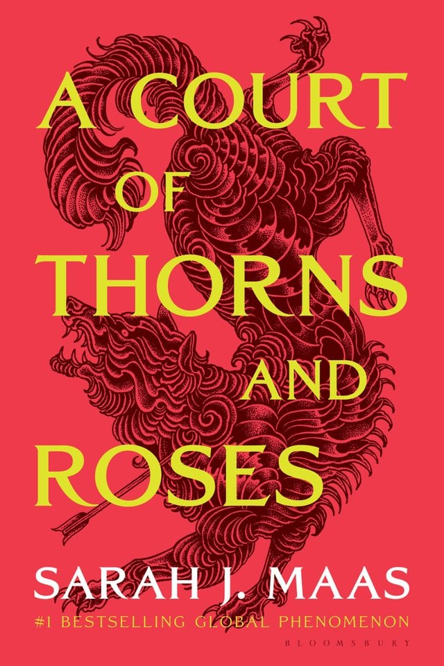 Cover of A Court of Thorns and Roses by Sarah J. Maas. A wolf type creature is shot by an arrow in the throat. The animal is placed against a red background. The title is in yellow text in the foreground.