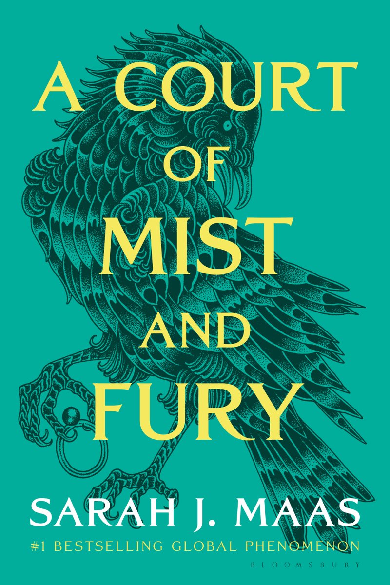 A Court of Mist and Fury by Sarah J. Maas book cover. Depicted is a bird holding a ring on a solid emerald green background.