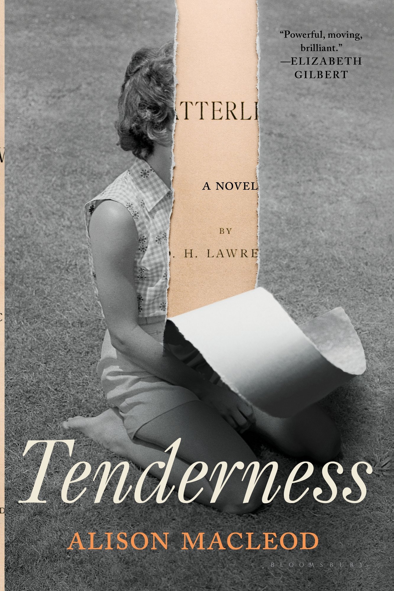 Tenderness by Alison MacLeod, a historical fiction book cover. The cover depicts a black and white photo of a woman sitting on a grassy lawn. The photo is ripped from the top middle center, skewing the woman's face and unveiling a beige piece of paper that appears to be an old manuscript.