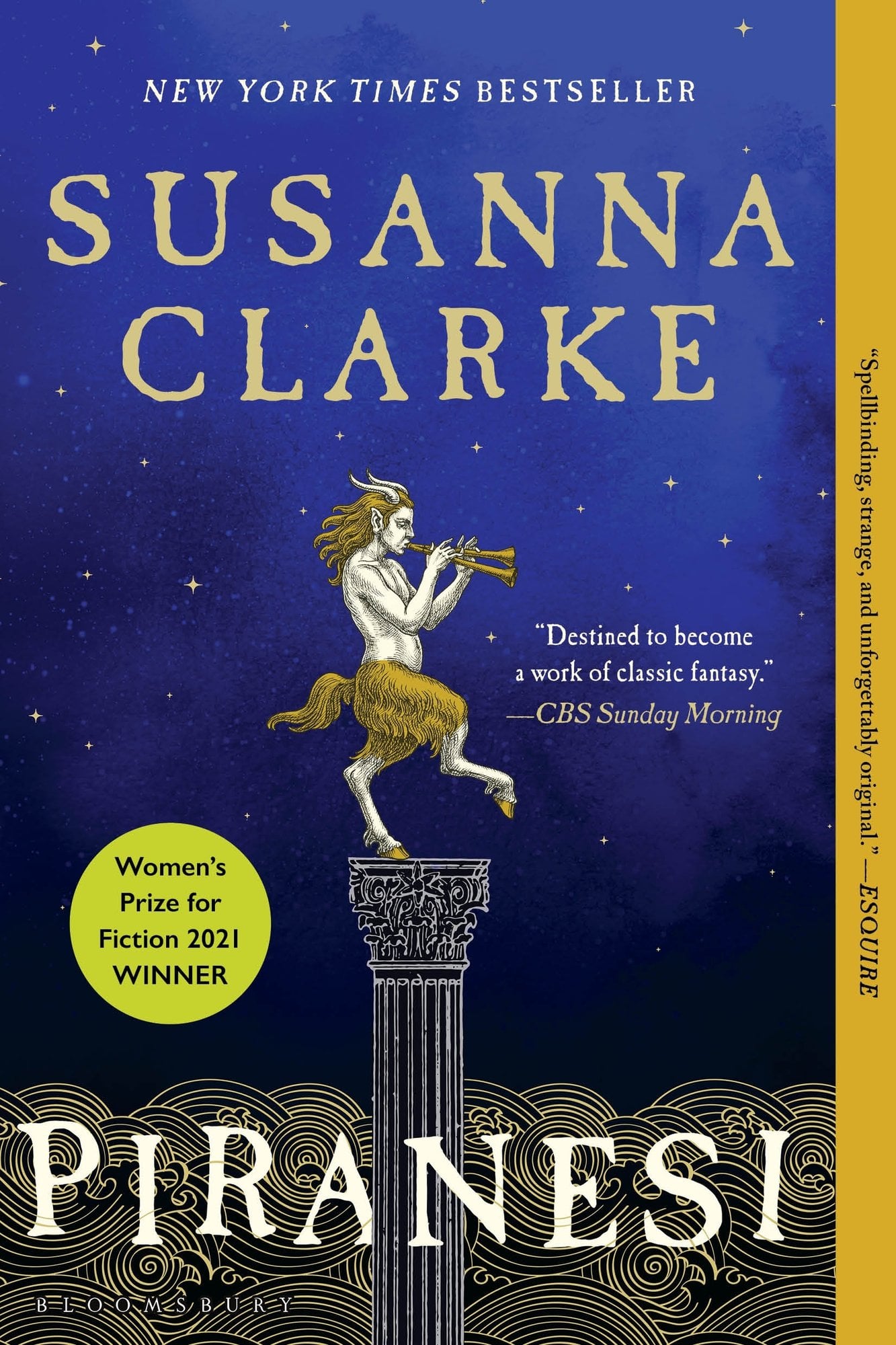 Piranesi by Susanna Clarke, blue book cover against a night sky backdrop, featuring a statue playing the horn on a stand.