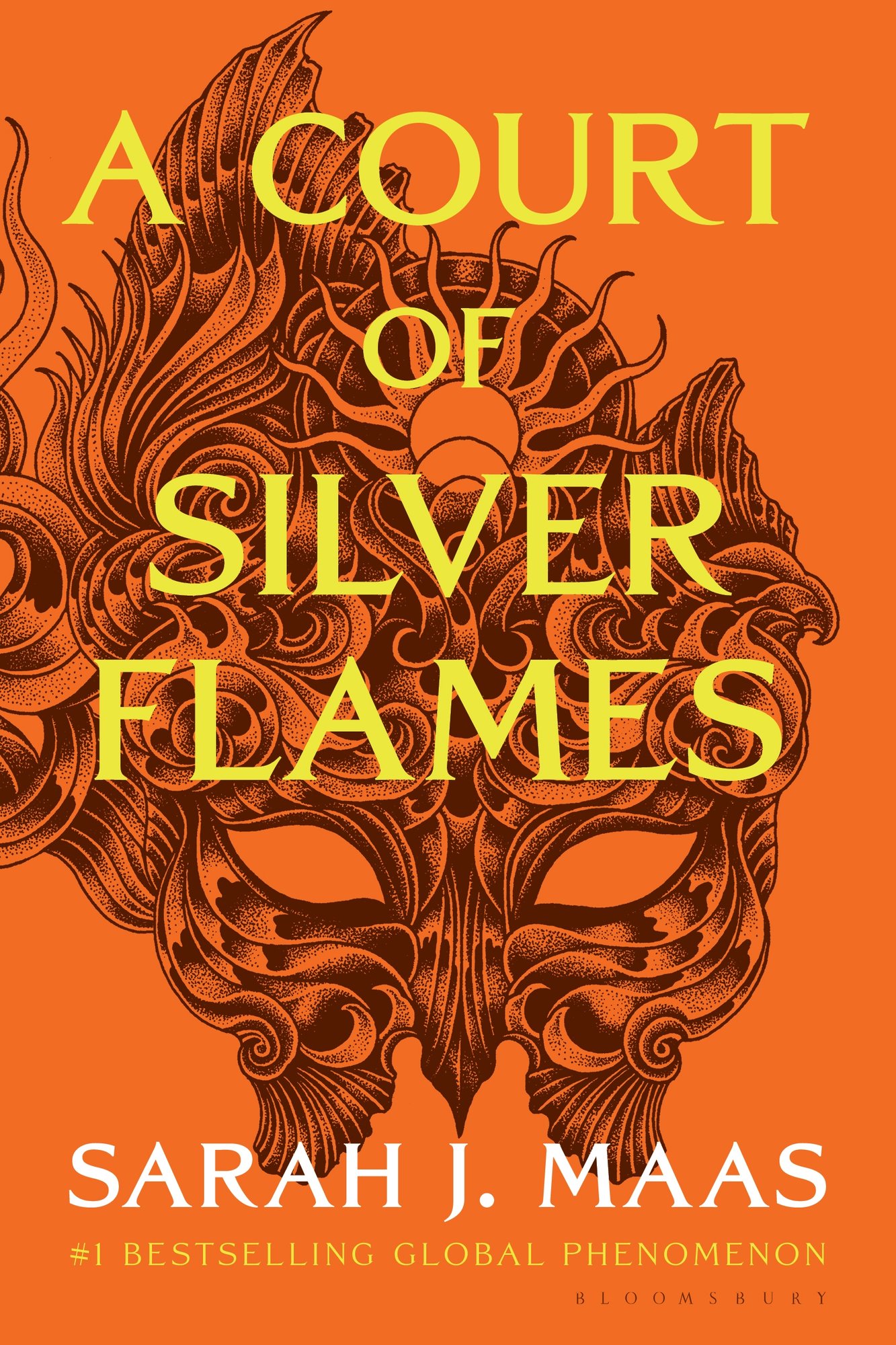 A Court of Silver Flames by Sarah J. Maas, book cover. The background is bright orange with a detailed black drawing of a masquerade mask.