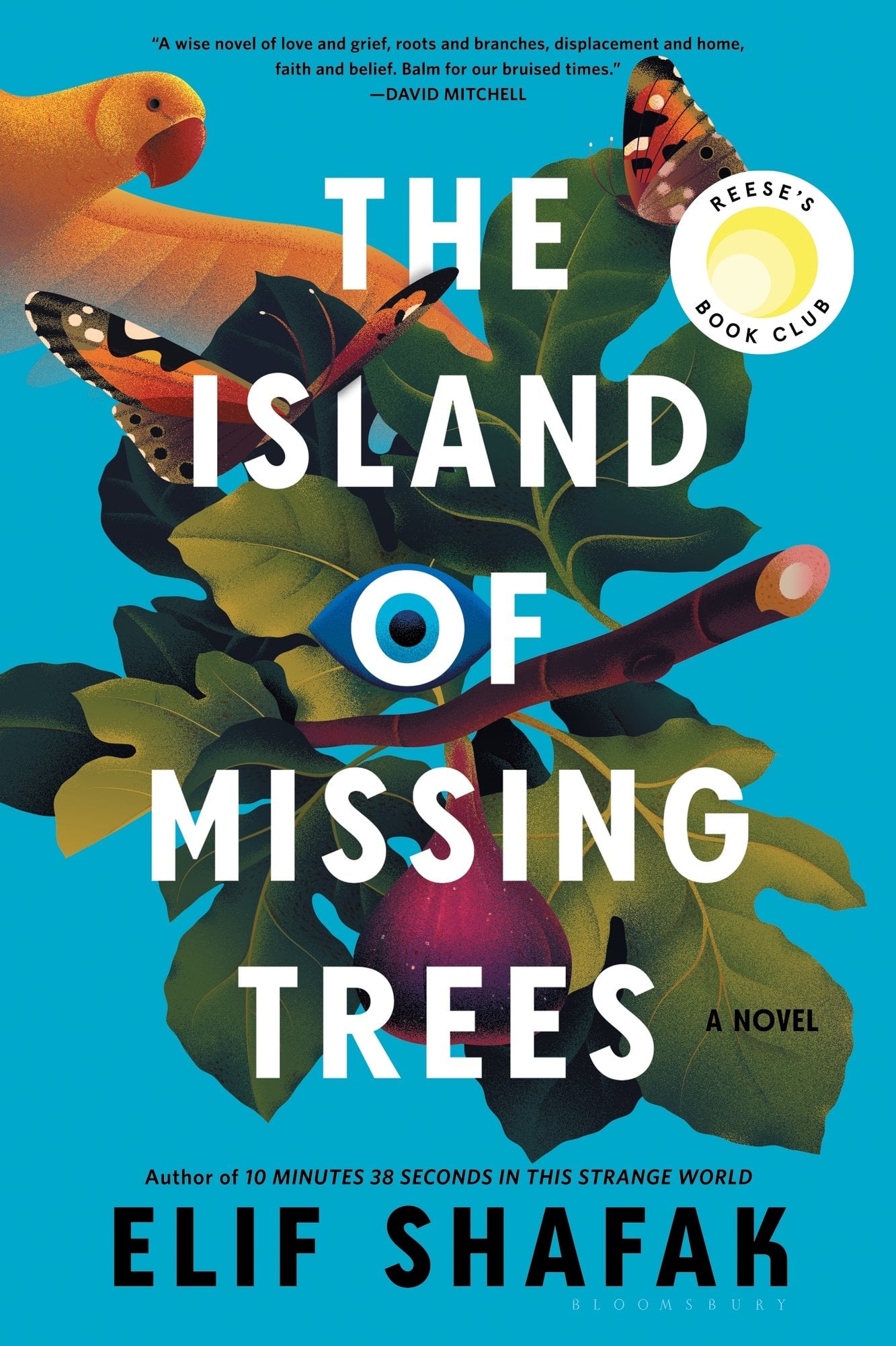 The Island of Missing Trees by Elif Shafak, a fantasy book cover depicting a blue background with a branch of a fig tree in the center. On the branch depicts a yellow bird and two orange butterflies. The title is printed in a bold white font.