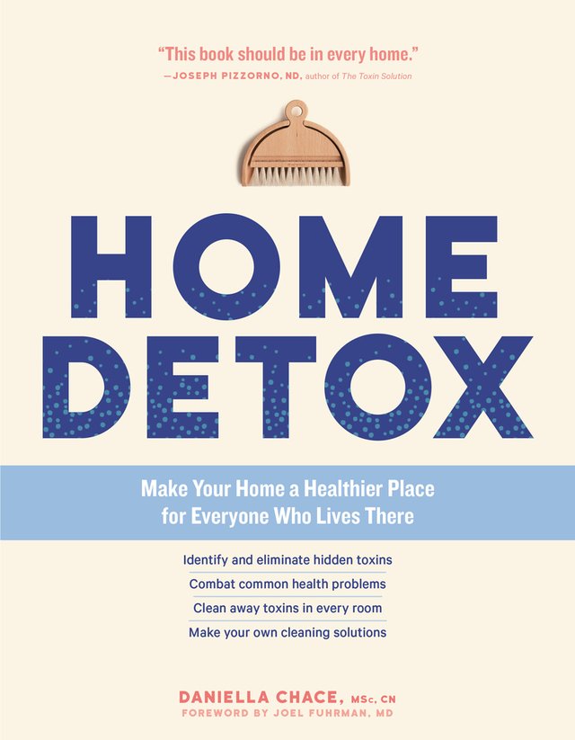Home Detox by Daniella Chace, title is in blue color with bubbles floating, duster above title, beige background, book cover