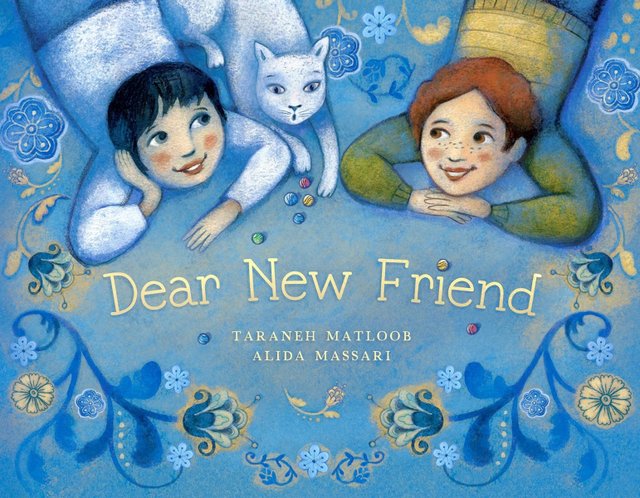 Dear New Friend by Taraneh Matloob, book cover. Two boys and a cat laying together surrounded with a blue background.