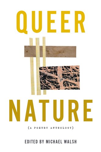 Book jacket for Queer Nature: A Poetry Anthology by Michael Walsh. A small rectangle of wood is held down by graphics of beige strips. An image of bare ground is overlaid on the bottoms of the strips.