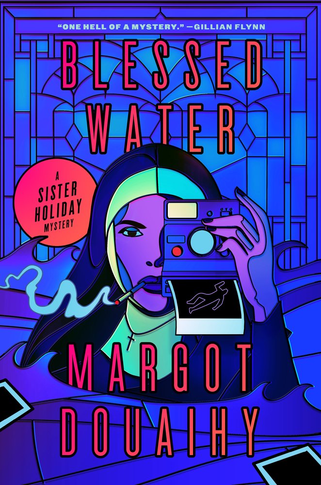 The cover of Blessed Water, a queer mystery novel, depicts a nun with a Polaroid camera in one hand in front of a window. The illustration style is that of blue toned stained glass window.