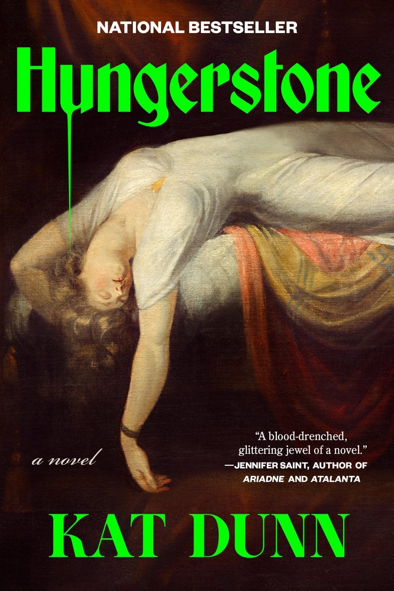 The book cover for Hungerstone by Kat Dunn. A painting of a blonde woman laying back on a chaise in a white gown.