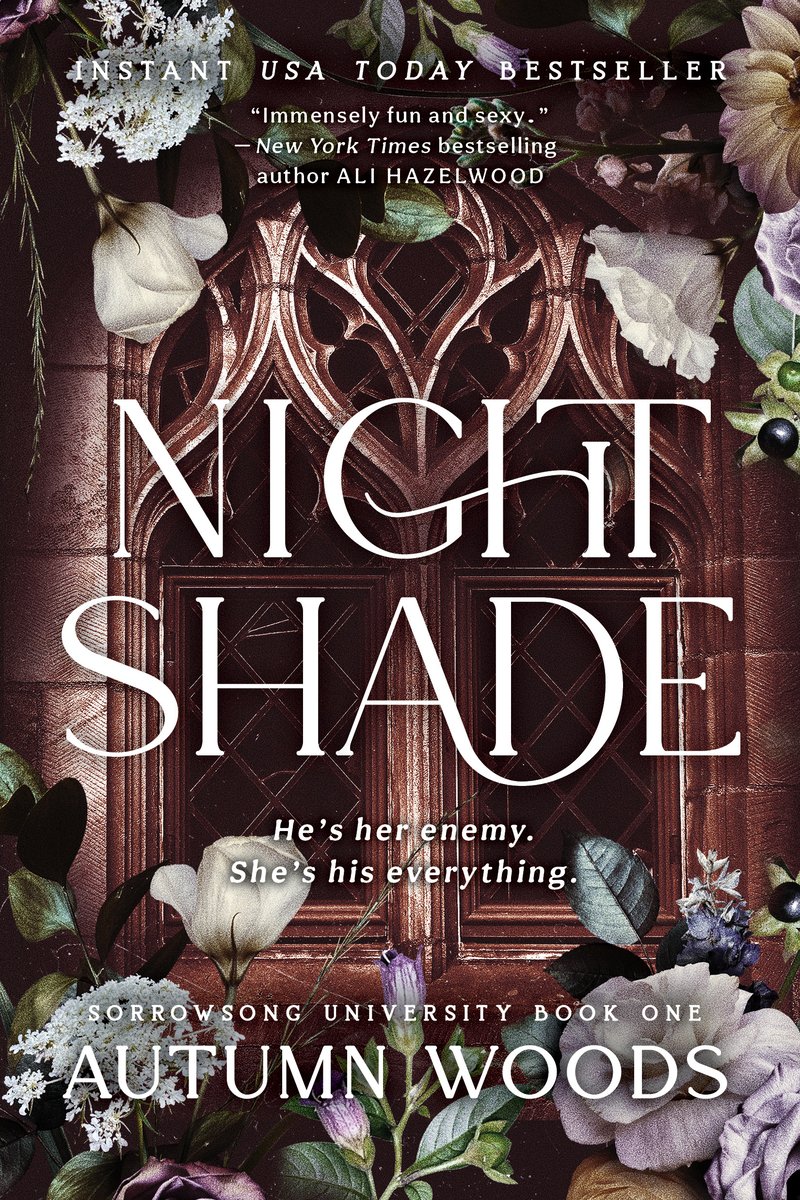 Nightshade by Autumn Woods dark academia book cover depicting an ornate window with flowers on the top and bottom.