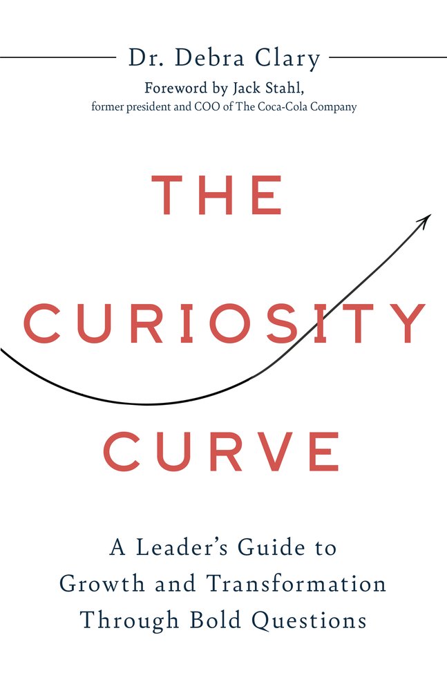 The Curiosity Curve by Dr. Debra Clary nonfiction book cover depicting a black curved arrow on a white background.