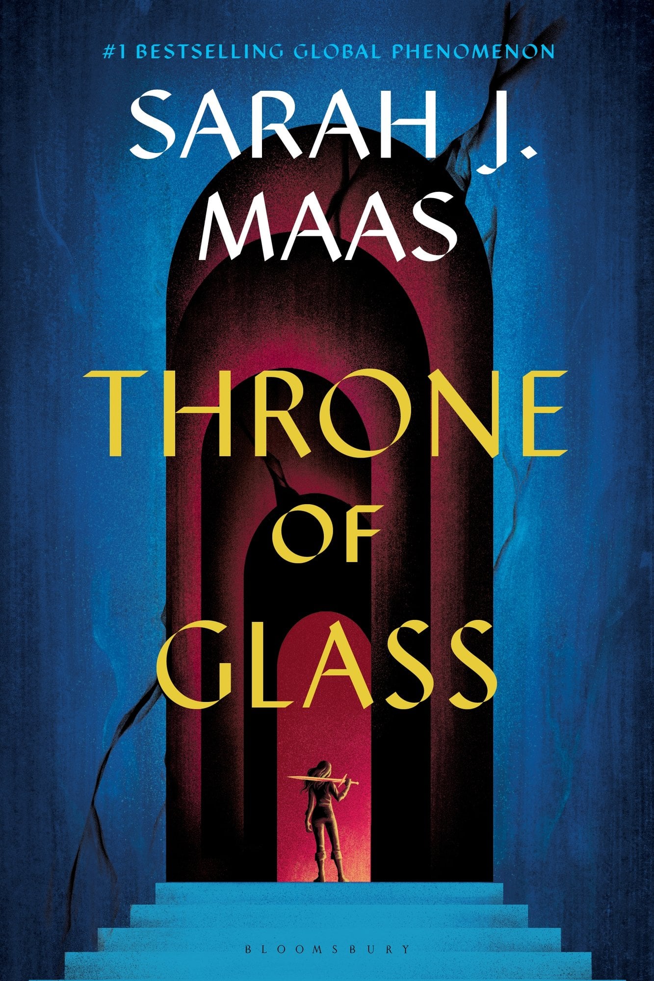 Covr of Throne of Glass by Sarah J Maas. It is blue, with blue stairs leading o a red and black archway. There is a girl in the center of the archway with a sword.