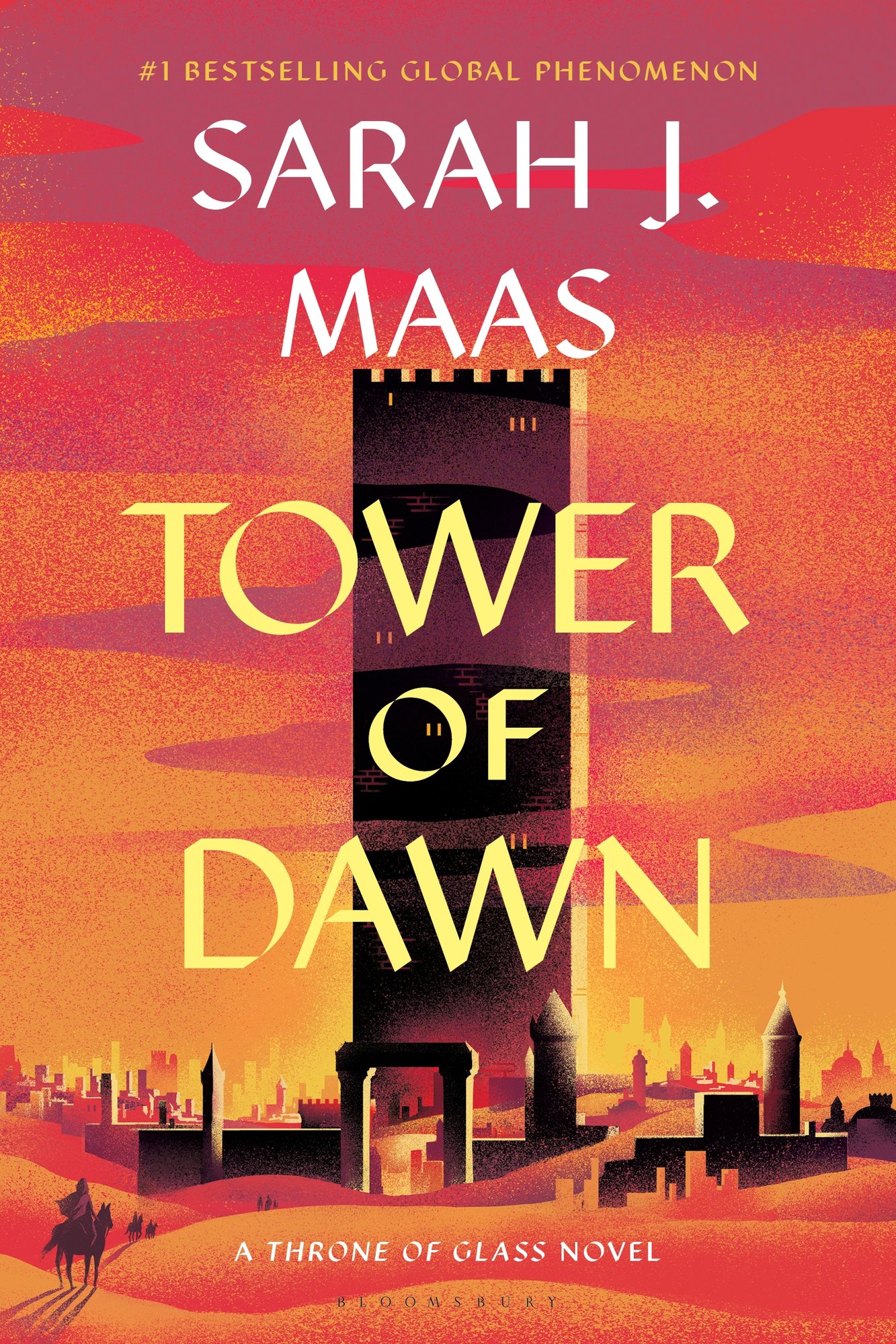 Tower of Dawn by Sarah J. Maas, book cover. Orange, yellow and pink tones with a massive stone tower in the center of a desert city scape