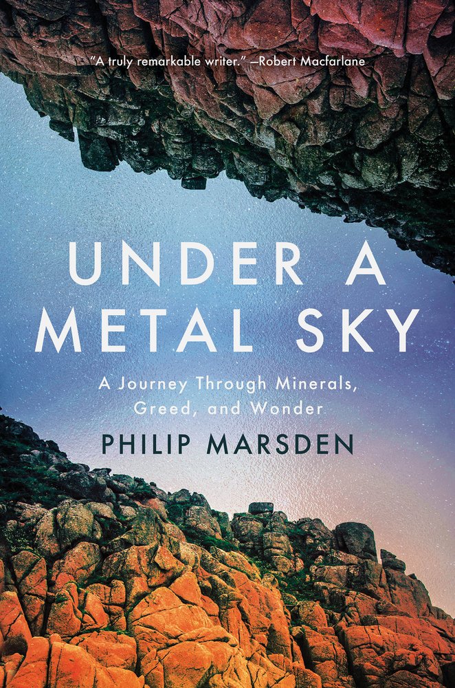 Under a Metal Sky by Philip Marsden, a science nonfiction book cover showing the sky between two rock cliffs and a shadow of the sun illuminating from the bottom cliff.