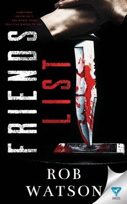 Friends List book cover; a bloody knife stabbing into a cellphone