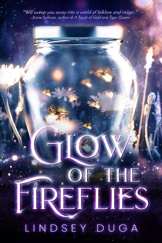 A glass jar with a metal lid contains glowing fireflies. A few flowers sprout up outside of the jar.