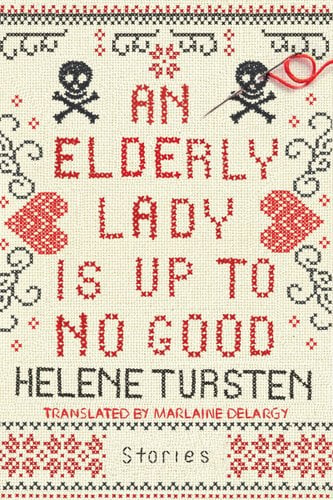 The title is embroidered with black and red thread against a cream background. There are two skull and bones on the top with a needle and thread.