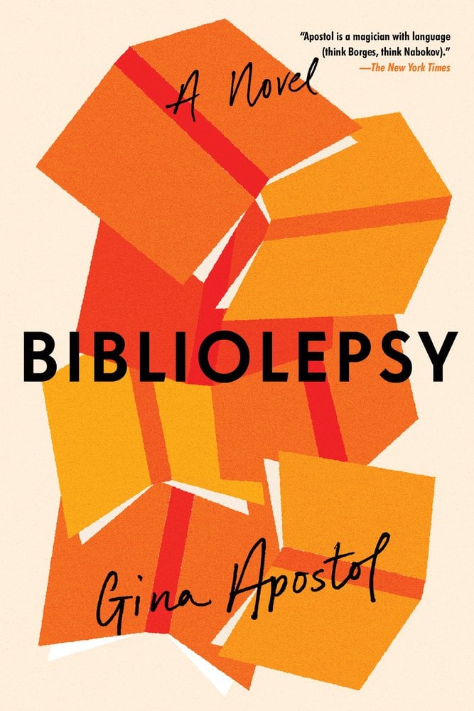 Bibliolepsy, a historical fiction by Gina Apostol, depicts clipact of layered orange upside down books.