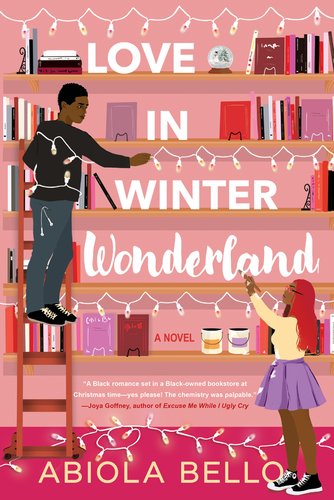 In Winter Wonderland by Abiola Bello, book cover of a man in a ladder placing lights on a book shelf and woman helping.