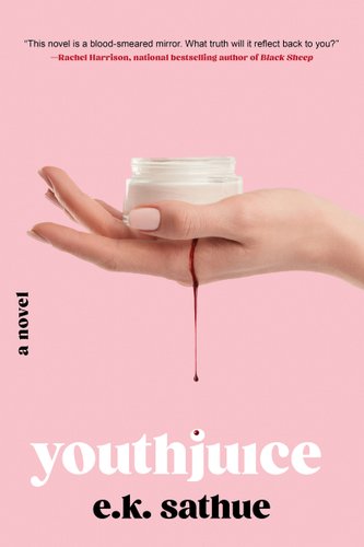 Youthjuice by E. K. Sathue, book cover. Pastel pink background with a freshly manicured white hand holding a moisturizer container as blood drips from the palm.
