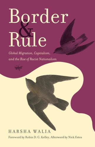 Book cover for "Border and Rule" by Harsha Walia; the top is dark purple and the bottom is a light biege, with grayscale images of birds.
