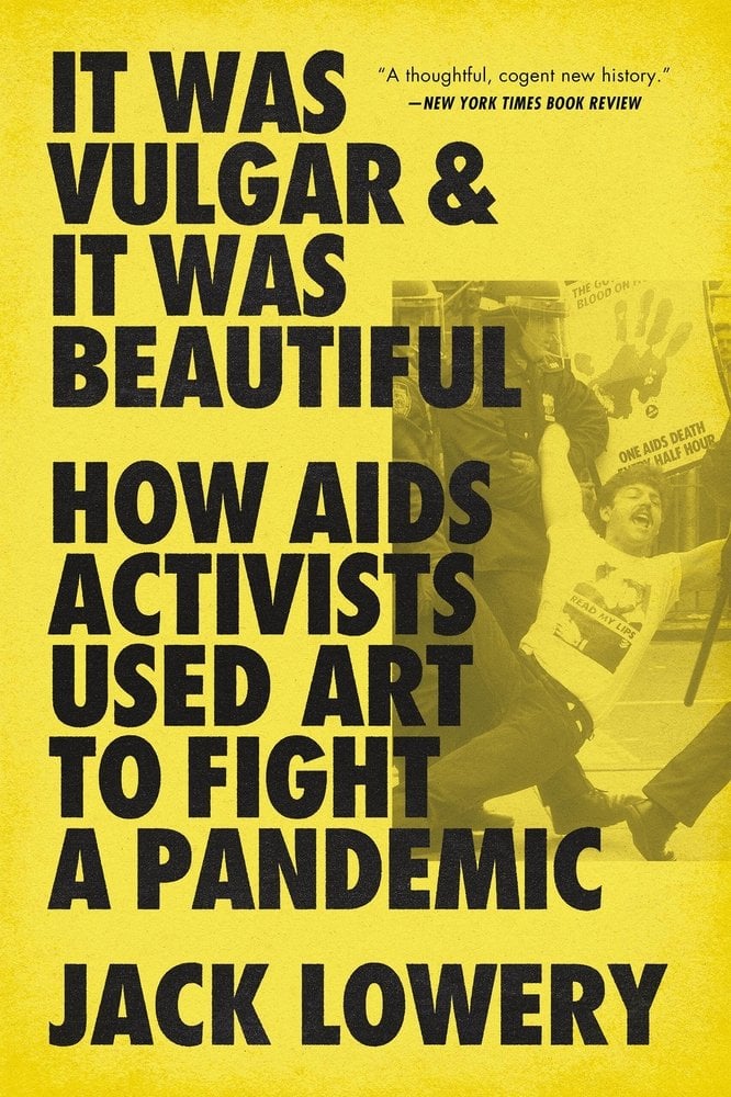 A poster of a man being dragged at a protest on a yellow background. The title and author name are both in black.