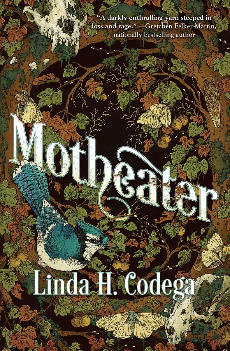 The cover of Motheater, a saphhic Appalachian fantasy novel, features an intricate illustration with green and brown swirling leaves. A blue jay is on the left and an animal skull is at the bottom right.