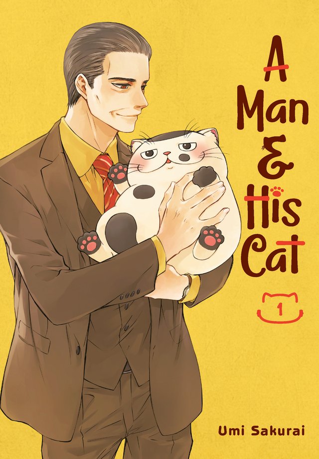 A Man and His Cat by Umi Sakurai, book cover. Yellow background featuring an older gentleman in a brown suit holding a chubby white and brown cat in his arms.
