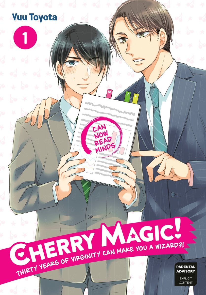 The cover for Cherry Magic! Thirty Years of Virginity Can Make you a Wizard, by Yuu Toyota, depicting two men standing next to each other. One is holding a report of some kind that has the writing "Can now read minds" written on it.