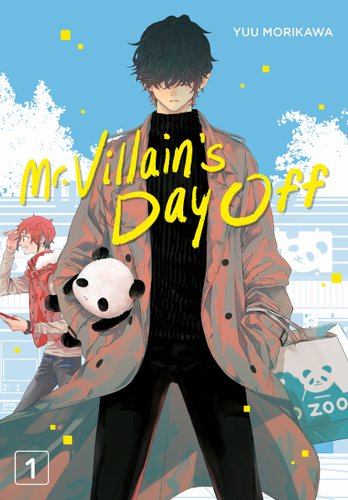 Mr. Villain’s Day Off by Yuu Morikawa book coverMan standing with shopping bag and holding a stuffed panda, person is beind him on left