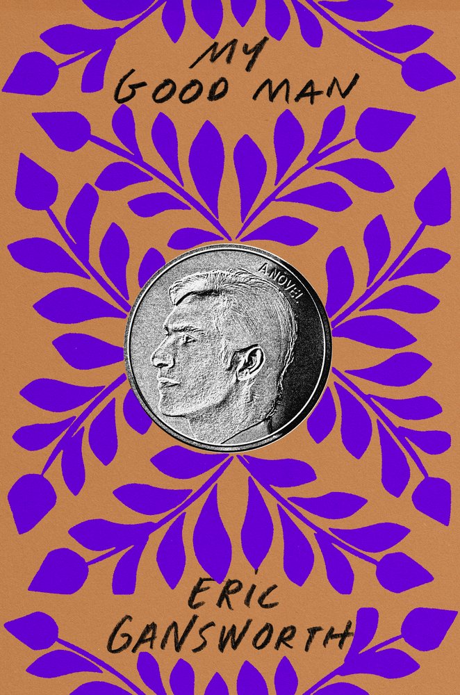 A coin on a brown background with purple leaf-like patterns. The title and author's name is in black.
