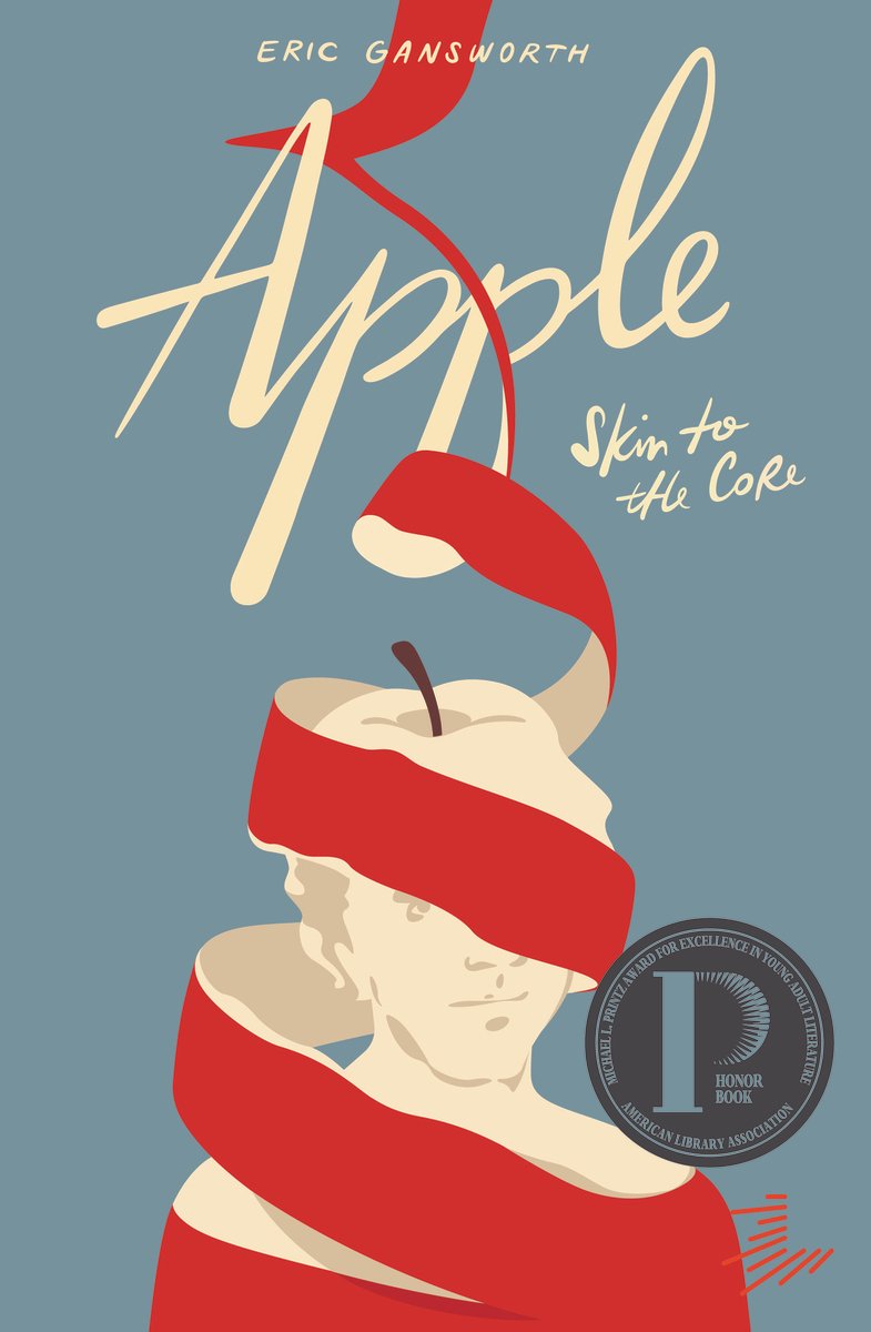 Apple Skin to the Core by Eric Gansworth, book cover with a man enveloped in an unravelling red apple skin on a blue background.
