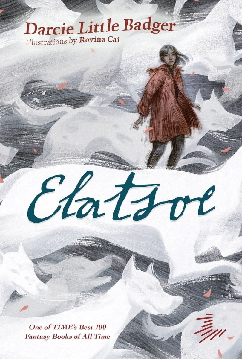 Elatose by Darcie Little Badger book cover features a young girl in a red coat standing amidst a swirling, ethereal landscape. Surrounding her are ghostly white wolves, their forms fluid and translucent.