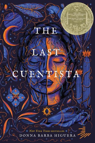 The Last Cuentista depicts an blue and orange tinted illustration of a young girl's face; the right side is orange and the left is a deep blue. Flowers decorate the boarders of her face