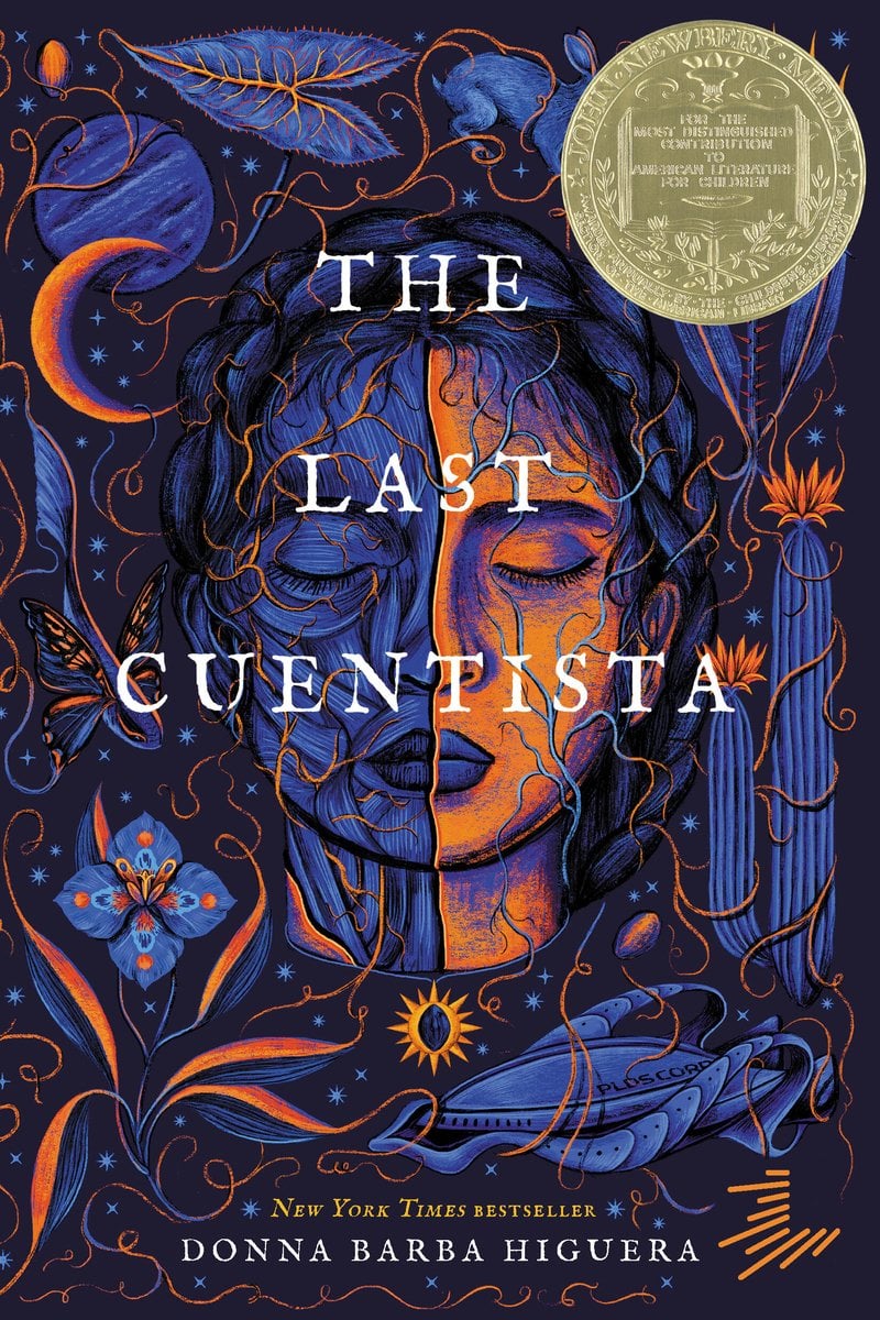 The Last Cuentista by Donna Barba Higuera middle grade dystopian fiction book cover depicting a blue and orange shaded headshot of a young Mexican American girl. Surrounding her are leaves, planets, and flowers.