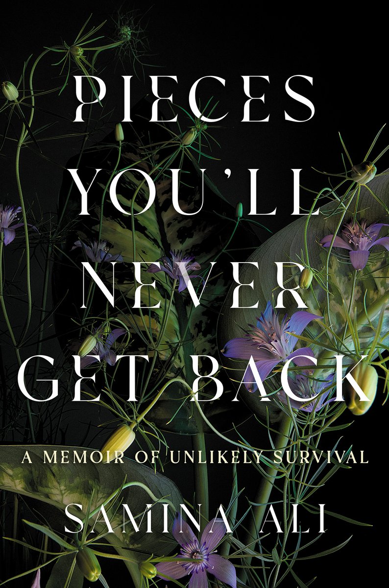 The cover of Pieces You'll Never Get Back, a memoir, depicts purple flowers and yellow buds with long green stems against a black background