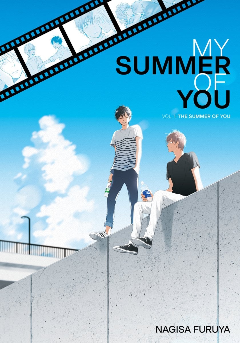 The cover of My Summer of You, by Nagisa Furuya, depicting two high school boys on a school rooftop. One is sitting and the other is standing on a ledge. The are both holding energy drinks.