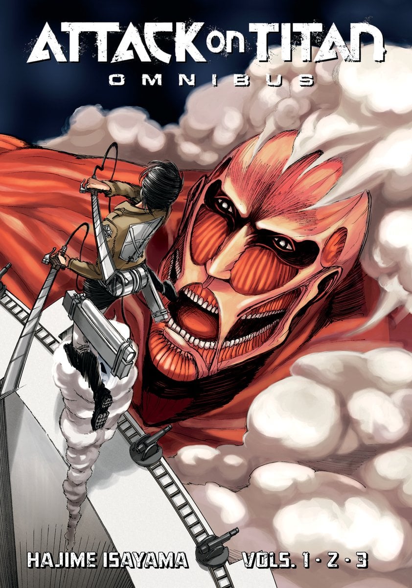 Attack on Titan Omnibus cover, by Hajime Isayama, depicting a man flying off a tall wall using a machine, attacking a Titan with a sword-like weapon.