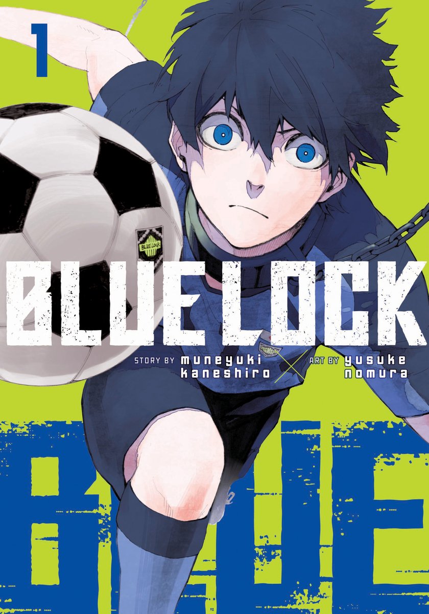 Blue Lock by Muneyuki Kaneshiro, illustrated by Yusuke Nomura, is a sports manga book cover depicting a boy with black hair and blue eyes chasing after a soccer ball on a neon green and dark blue background.