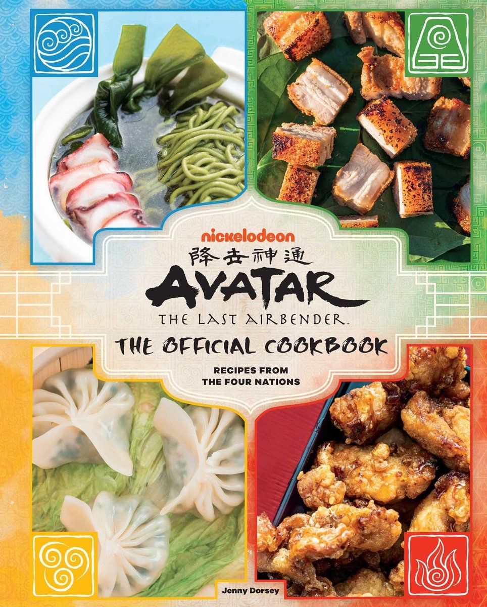 Avatar: The Last Airbender: The Official Cookbook by Jenny Dorsey book cover. Water, earth, air, and fire icons are in each corner (UL, UR, LL, LR) with a dish from each nation.