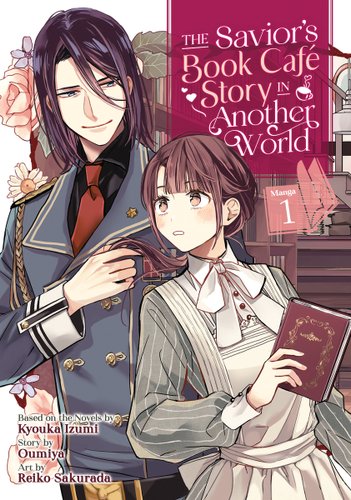 The Savior's Book Café Story in Another World by Kyouka Izumi book cover with both Tsukina and male lead in front of a book shelf from Tsukina's book cafe.