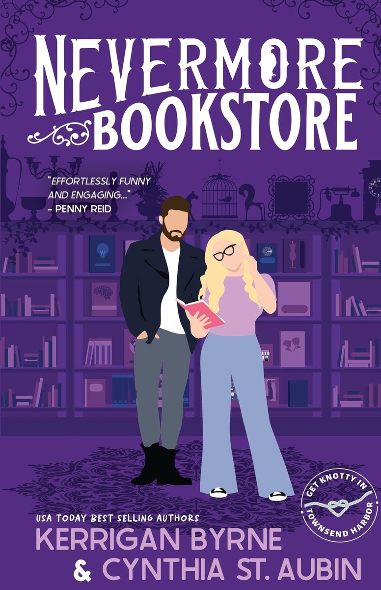 Cover of "Nevermore Bookstore" by Kerrigan Byrne. All purple background with bookshelves and a man and a woman standing in the middle of the room. The woman is holding a pink book and the man is looking over her shoulder.